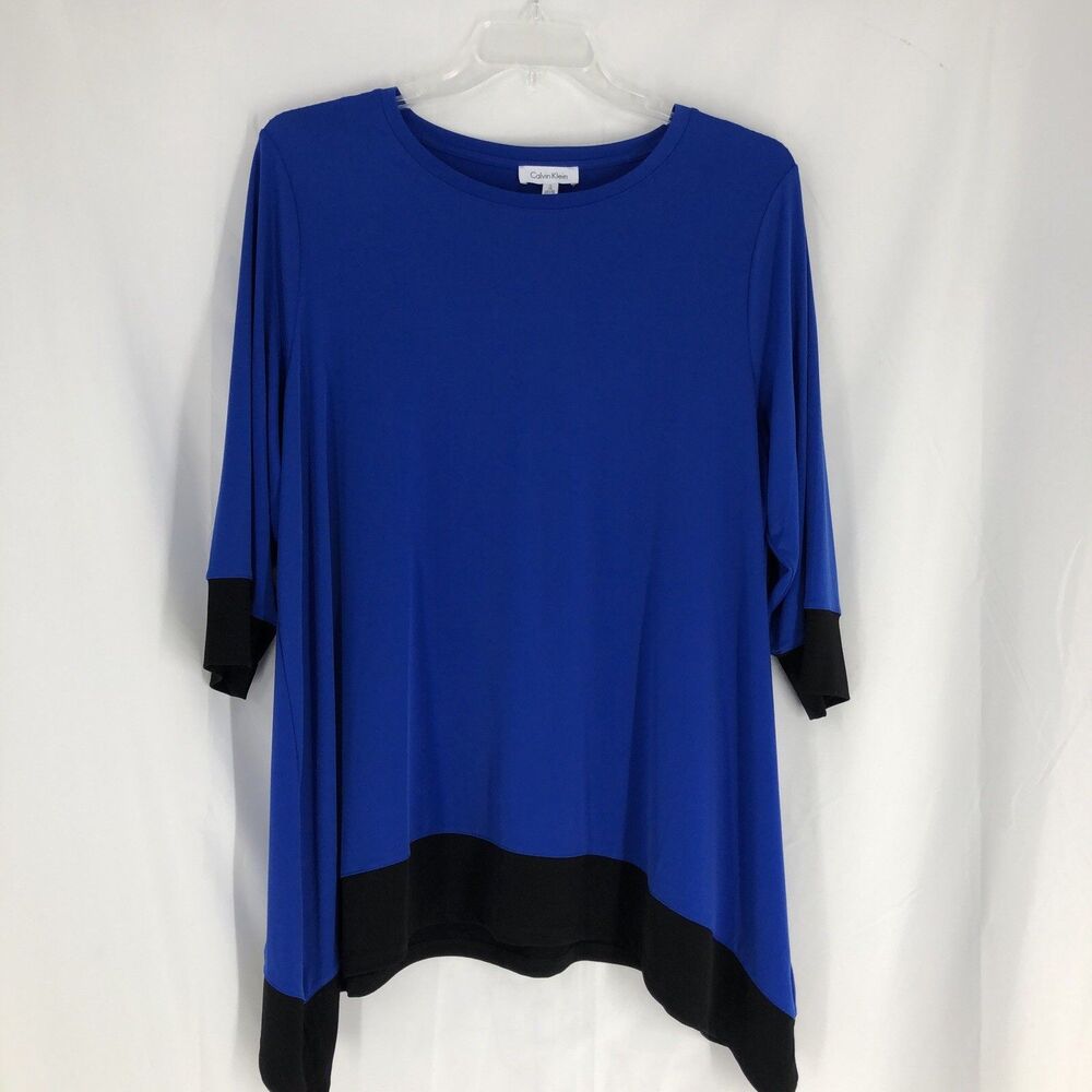 Calvin Klein Tunic Top Womens 1X Blue Raglan Sleeve Round Neck Asymmetrical Hem